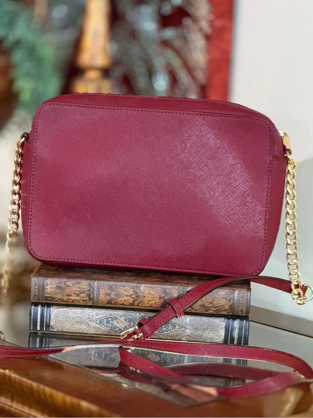 Michael Kors Large EW Saffiano Leather Crossbody Bag Cherry Red Gold Chain